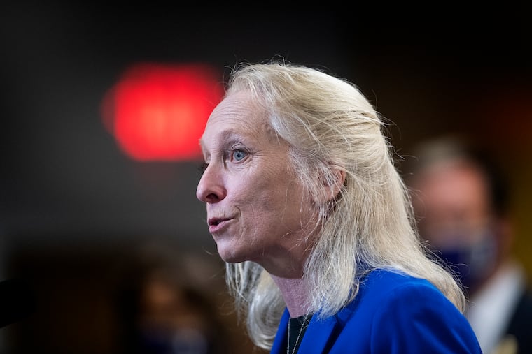 U.S. Congresswoman Mary Gay Scanlon speaks during a press conference at Upper Darby High School in Drexel Hill in February 2022.