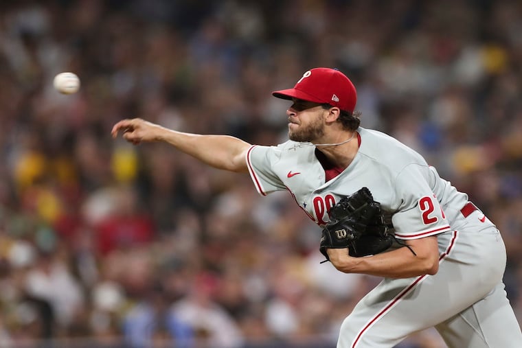 Philadelphia Phillies starting pitcher Aaron Nola throws a pitch in the fifth inning. Nola allowed one run on seven hits with two walks and 10 strikeouts.