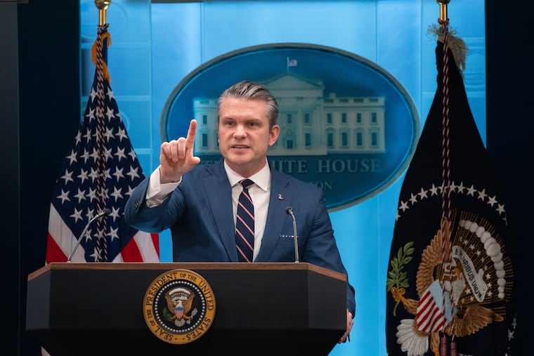 Defense Secretary Pete Hegseth speaks to reporters at a briefing on April 6 at the White House.