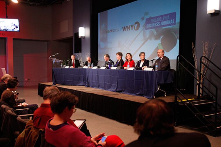 (Left to right) John Hanger, Jo Ellen Litz, Kathleen McGinty, Allyson Schwartz and Tom Wolf, five of the seven dmocrats hoping to unseat Tom Corbett, gathered at the WHYY studios in Philadelphia for a forum where they discussed issues they felt are most important to the citizens of Pennsylvania Tuesday, February 4, 2014. (ED HILLE / Staff Photographer )