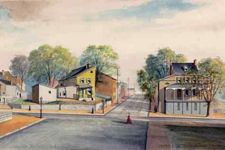 An 1876 watercolor by David J. Kennedy depicts the intersection of 32d and Chestnut Streets in Philadelphia. The work is part of "West Philadelphia: Building a Community" at the University of Pennsylvania's Arthur Ross Gallery.