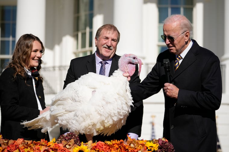 President Joe Biden pardons Chocolate, the national Thanksgiving turkey, at the White House in Washington on Monday.