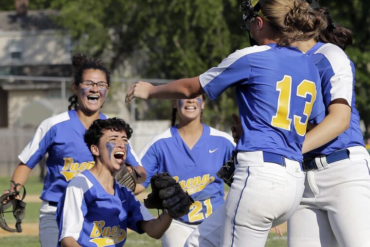 Buena pictcher # 13 Natalie Ampole celebrates with teammates after they won the Buena at Audubon H.S. South Jersey Group 1 girls softball championship game on May 31, 2017. Buena shut out Audubon 3-0. ( ELIZABETH ROBERTSON / Staff Photographer )