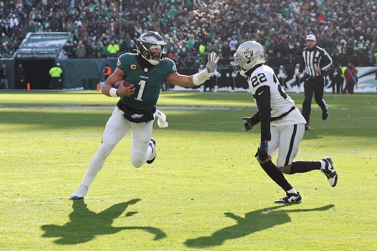 Eagles quarterback Jalen Hurts carried the ball seven times for 39 yards in Sunday's win over the Raiders.