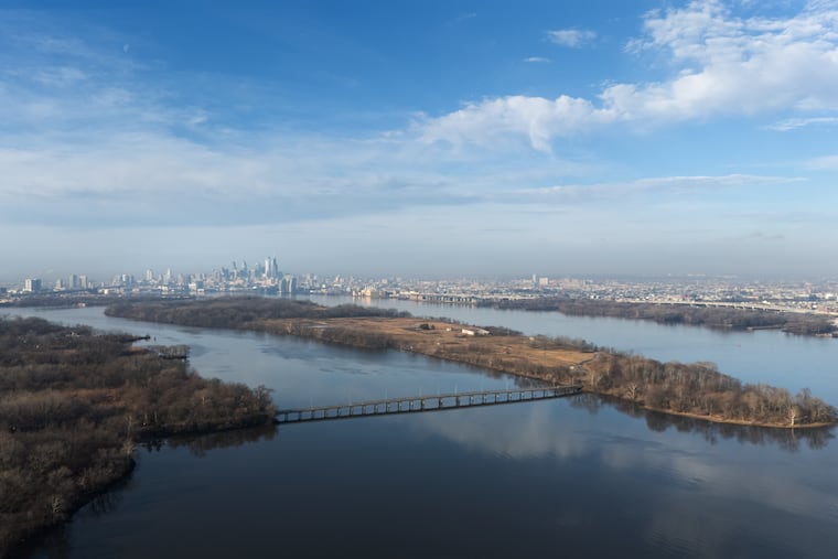 Petty's Island as seen by drone, Friday, Jan. 9, 2026. The 292-acre land sits in the Delaware river near the border between Pennsylvania and New Jersey. It is located between the Betsy Ross and Ben Franklin bridges. Formerly, it was the site of Fuel storage for the Venezuelan oil company Citco.