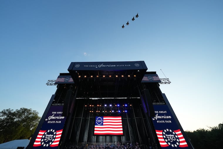 Four F-35's fly over the stage before President Donald Trump speaks at the opening of the Great American State Fair on the National Mall on June 24.