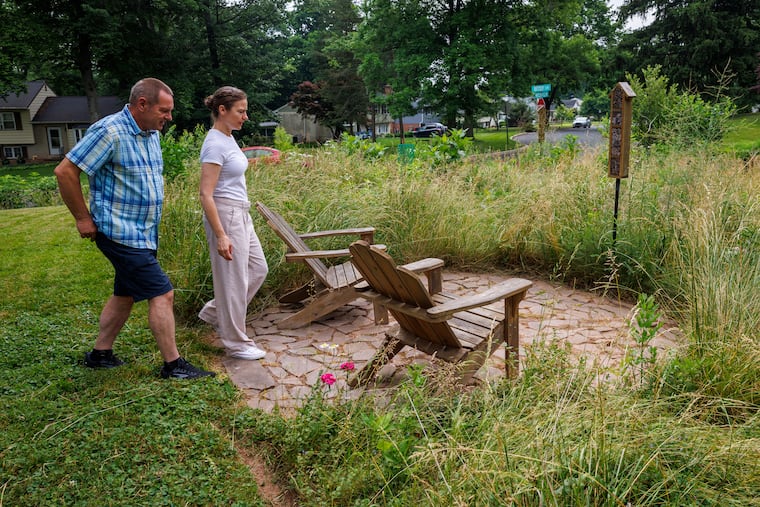 An Ambler couple walks toward their front-yard meadow in this 2024 file photo. Pennsylvania is giving away free "pocket meadow kits" this week to encourage more residents to transform their lawns.