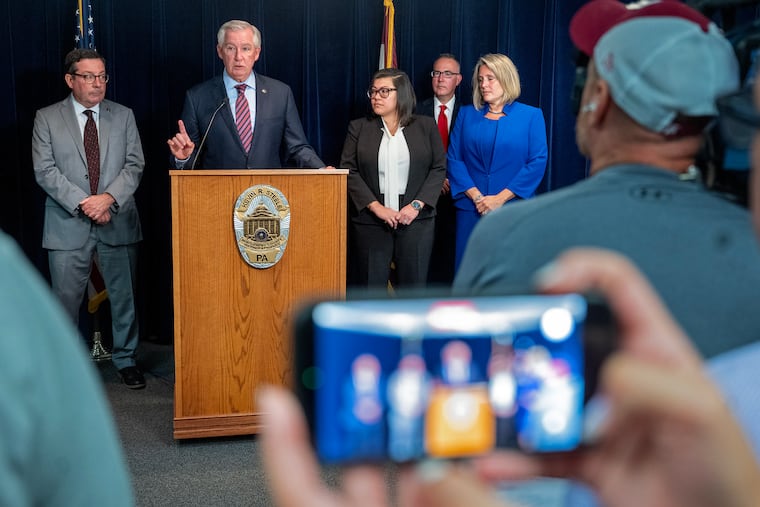Montgomery County District Attorney Kevin Steele announces charges against 10 people in connection on Wednesday with two assaults in a Cheltenham High School locker room that injured a 15-year-old player and led to the cancellation of two football seasons.