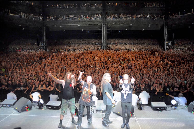 Slayer, from left to right, Paul Bostaph, Kerry King, Tom Araya and Gary Holt, on their final world tour in Chicago, May 25, 2018