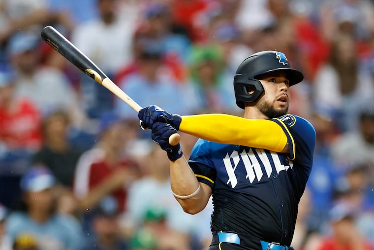 Phillies catcher Rafael Marchán batting against the Oakland A's on Friday.