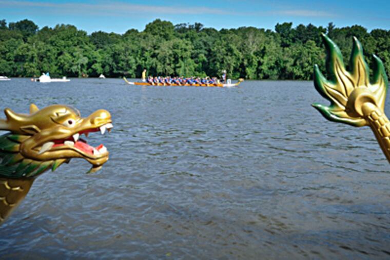 The head and tail of two dragon boats frame racers during the Independence Dragon Boat Regatta on the Schuylkill. The 65 teams this year, all from the region, raised money for the association’s members to attend an international dragon-boat competition, as well as for charities. "All of this camaraderie and team-building lasts us until the next one," a racer said Saturday. RON TARVER / Staff Photographer
