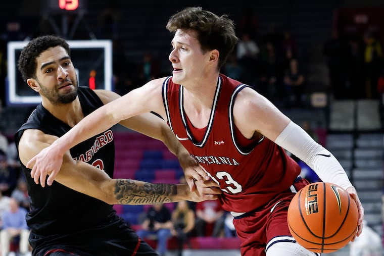 Ethan Roberts in action for Penn on senior night against Harvard, his last game at the Palestra.