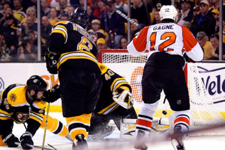 Flyers left winger Simon Gagne scores the game-winning power play goal during the third period against the Boston Bruins in Game 7 of their 2010 Eastern Conference semifinals.