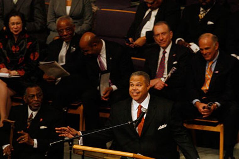 State Sen. Anthony Hardy Williams speaks at his late father's funeral last week in front of Gov. Ed Rendell, U.S. Sen. Arlen Specter and other politicos. Williams announced his candidacy today to replace Rendell. (Alejandro A. Alvarez / Staff Photographer)