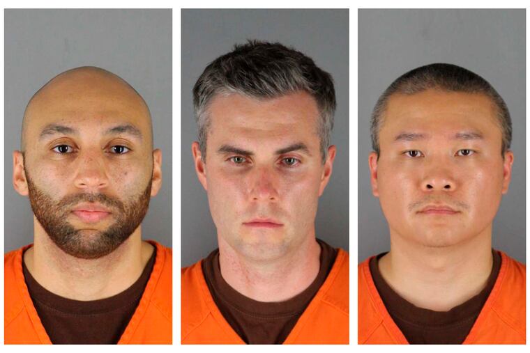 This combination of photos provided by the Hennepin County Sheriff's Office in Minnesota shows J. Alexander Kueng, from left, Thomas Lane and Tou Thao. They have been charged with aiding and abetting Derek Chauvin, who is charged with second-degree murder of George Floyd.