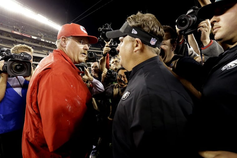 Andy Reid (left) and Chip Kelly in 2013 when Kelly was still at the coaching helm.