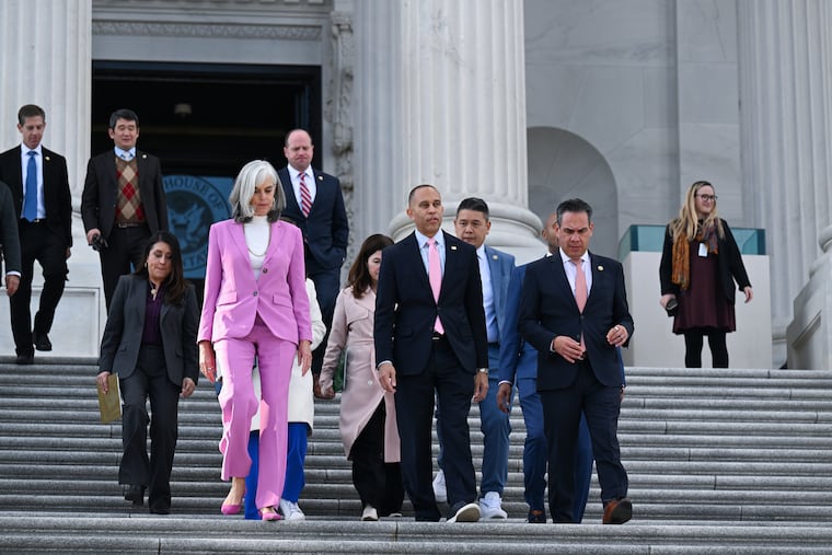 House Minority Leader Hakeem Jeffries (D., N.Y.) and other members of the Democratic leadership gather outside the Capitol.