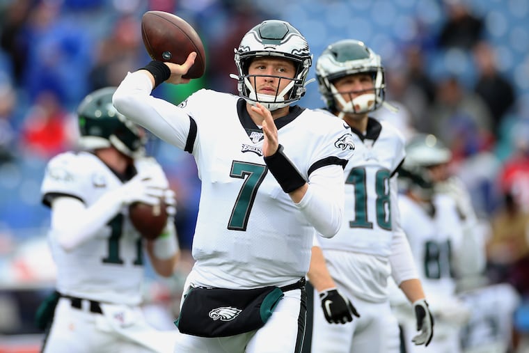 Eagles quarterback Nate Sudfeld warms up before a game against the Buffalo Bills last season. Sudfeld has been with the Eagles for three years but has attempted just 25 regular-season passes.