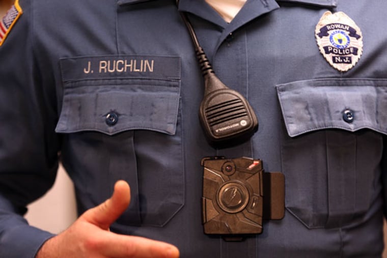 Patrol officer Jeremy Ruchlin wears an AXON body camera Tuesday, April 14, 2015, at Rowan University in Glassboro, N.J. ( DAVID SWANSON / Staff Photographer )
