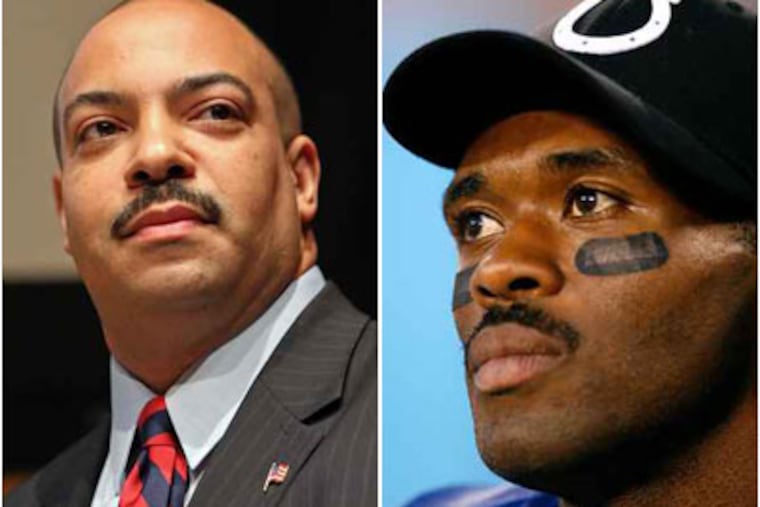 D.A. Seth Williams, left, and Marvin Harrison, right. (File photos)