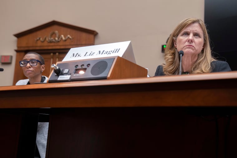 Harvard president Claudine Gay (left) and University of Pennsylvania president Liz Magill listen during a hearing of the House Education committee on Capitol Hill on Tuesday.