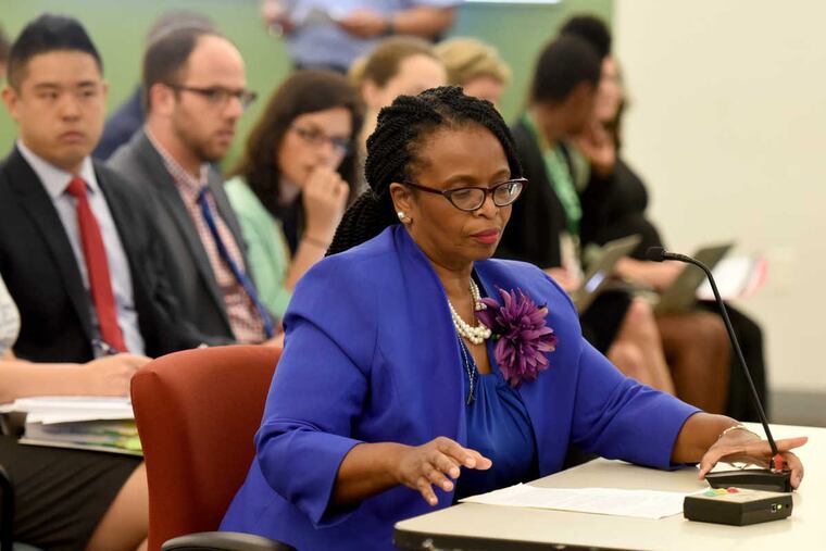 Laboratory Charter School of Communications and Language CEO Stacey Cruise prepares to speak before the School Reform Commission during a special meeting to consider the fate of nine city charter schools May 1, 2017. The SRC ultimately voted to nonrenew Lab's charter.