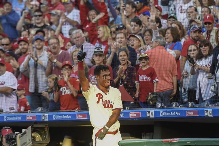 Phillies Nick Williams gets a curtain-call from the fans after he hit a three-run, inside-the-park homer in the bottom of the 8th inning in the game against the Mets at Citizens Bank Park October 1, 2017. The Phillies won the season finale 11-0. CLEM MURRAY / Staff Photographer