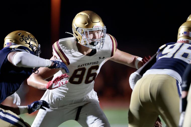 The Haverford School’s James Falk (86) has established himself as a versatile tight end.