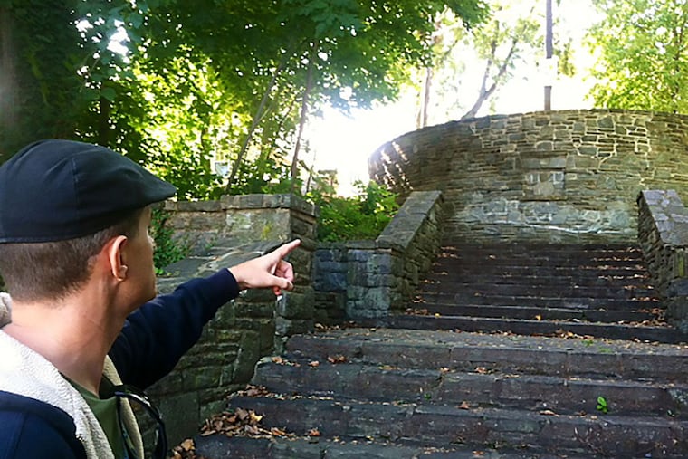 Kevin Cook, a historic preservation advocate from Cherry Hill, points out what he calls the "Grand Staircase" in the Collingswood portion of Cooper River Park. (Kevin Riordan/Staff)