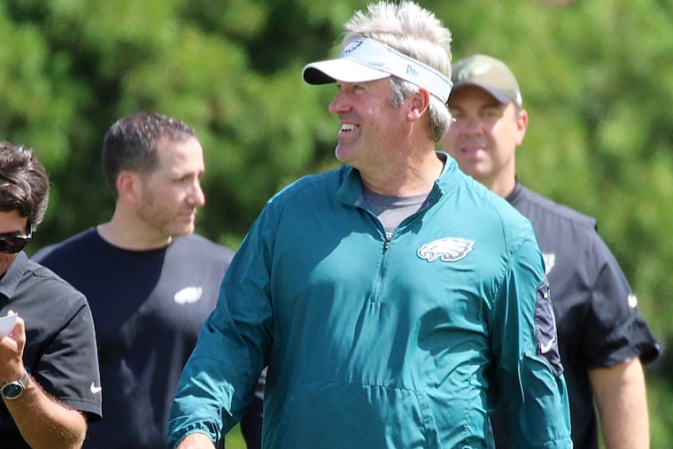 Eagles head coach, Dough Pederson walking back after the practice. Aug. 03, 2018 19 2018 AKIRA SUWA / For The Inquirer.