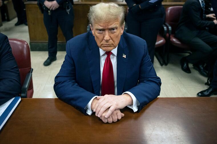 Donald Trump waits for the start of proceedings in Manhattan criminal court on Tuesday, April 23, 2024.