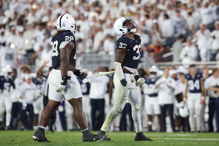 Penn State Nittany Lions safety Karson Kiesewetter (28) and defensive end Dani Dennis-Sutton (33) will need to play big games in an effort to help the Nittany Lions past No. 2 Indiana.