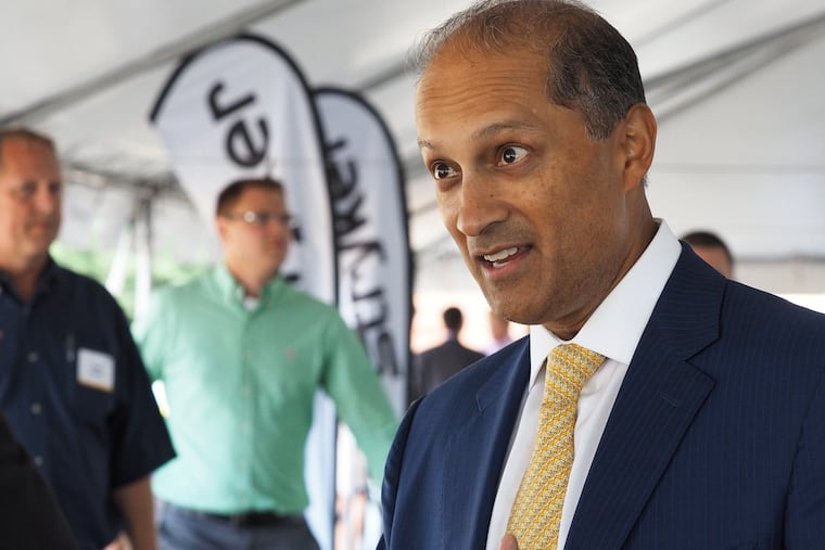 FILE - Stryker CEO Kevin Lobo is seen at a groundbreaking ceremony for their building in Portage, Mich., July 24, 2017.