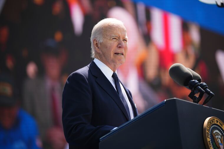 President Joe Biden delivers a speech during a commemorative ceremony to mark D-Day 80th anniversary, Thursday, June 6, 2024, at the US cemetery in Colleville-sur-Mer, Normandy.
