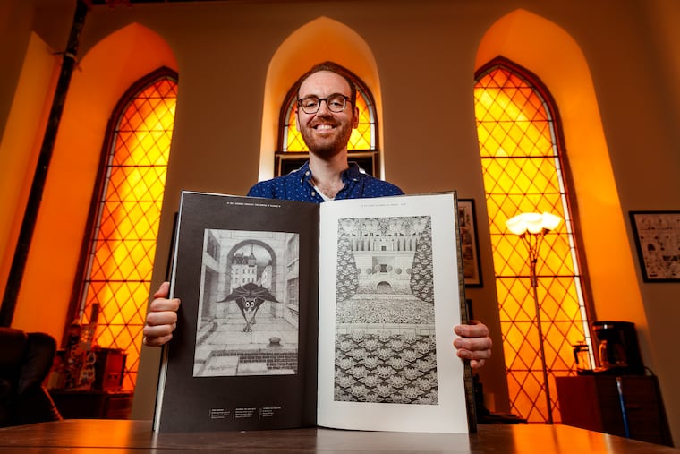 Josh O'Neill, publisher of Beehive Books, shows off the company's first published book, "The Temple of Silence: Forgotten Works & Worlds of Herbert Crowley," with over 300 images of the lost artist's work.