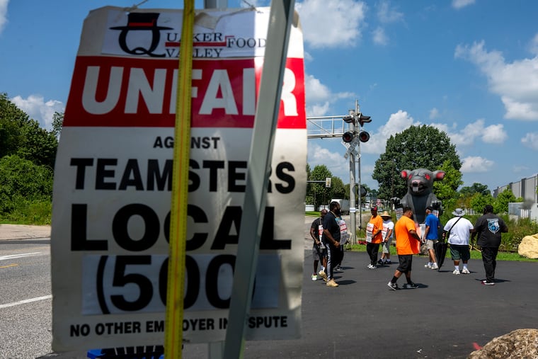 Teamsters Local 500 members picketed outside the Quaker Valley Foods warehouse in Northeast Philadelphia on Sunday, Aug. 9, 2026. The union's members are on strike, demanding the food plant administer a pension plan.