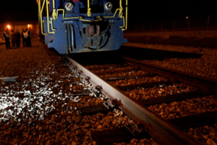 A special track-cleaning train prepares to leave the SEPTA Overbrook maintenance facility. Working overnight during the fall, the train and two others spray water to clean 225 miles of tracks. The worst period for leaves is from mid-November to early December.