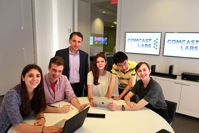 In the Comcast Lab with Sam Schwartz, Comcast's chief business development officer, are Comcast "Home for the Summer" interns, from left: Michelle Danoff, Matthew Marshall, Margaret Meehan, Xiayang Fan, and Jacob Ginsparg.
