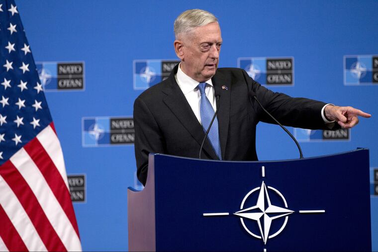 U.S. Secretary for Defense Jim Mattis speaks during a media conference after a meeting of NATO defense ministers in Brussels Friday. Photo/Virginia Mayo, Pool)