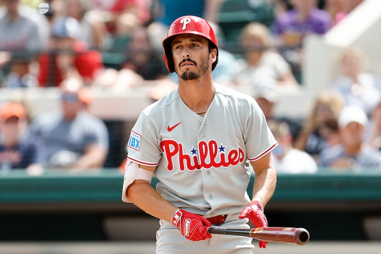 Phillies catcher Garrett Stubbs at bat during a spring training game against the Detroit Tigers at Publix Field at Joker Marchant Stadium in Lakeland Fla., on Monday, March 16, 2026.