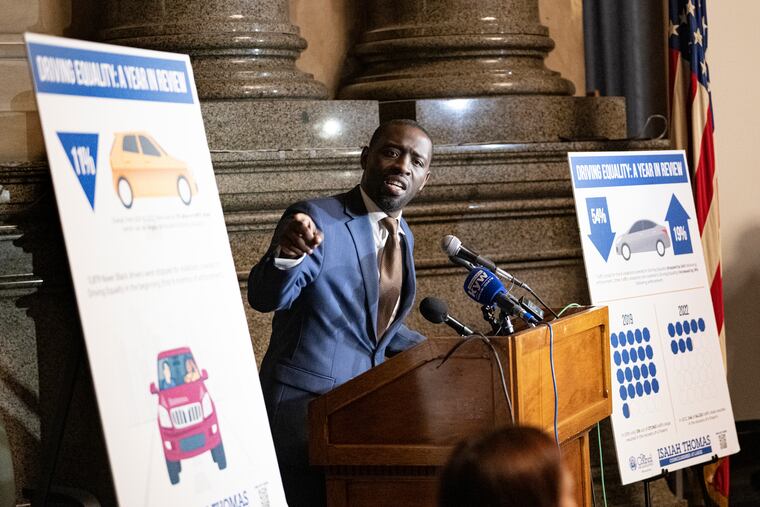 City Councilmember Isaiah Thomas speaking about his "driving equality" legislation during a press conference in March. He won the most votes in the Democratic primary for at-large Council seats last week.