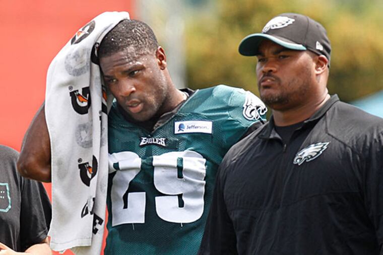 Eagles running back #29, Demarco Murray, was having a tough time battling the heat and humidity at Eagles training camp on Wednesday.