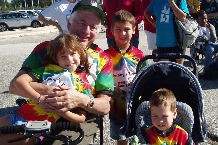Jersey Brownstein with his grandchildren at the Cherry Hill finish line of the annual Bike MS: City to Shore, 2008: "The most humbling moment for me, and the most triumphant."