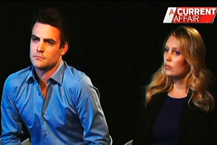 In this image made off video footage recorded Monday, Dec. 10, 2012 and aired later in the day in "A Current Affair" program by Australia's Channel Nine, Australian radio DJs Michael Christian, left, and Mel Greig appear during an interview with the TV station. The two managed to impersonate Queen Elizabeth II and Prince Charles and received confidential information about the Duchess of Cambridge's medical condition, which was broadcast on-air. The controversial prank took a dark twist three days later with the death of nurse Jacintha Saldanha, a 46-year-old mother of two, who was duped by the DJs despite their Australian accents. (AP Photo/Channel Nine) AUSTRALIA OUT, TV OUT, NO SALES, EDITORIAL USE ONLY