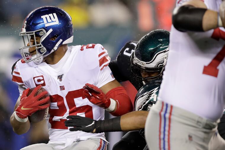 The Eagles held Saquon Barkley to 66 yards on 17 carries three weeks ago. They need to do another good job on him in Sunday's rematch.