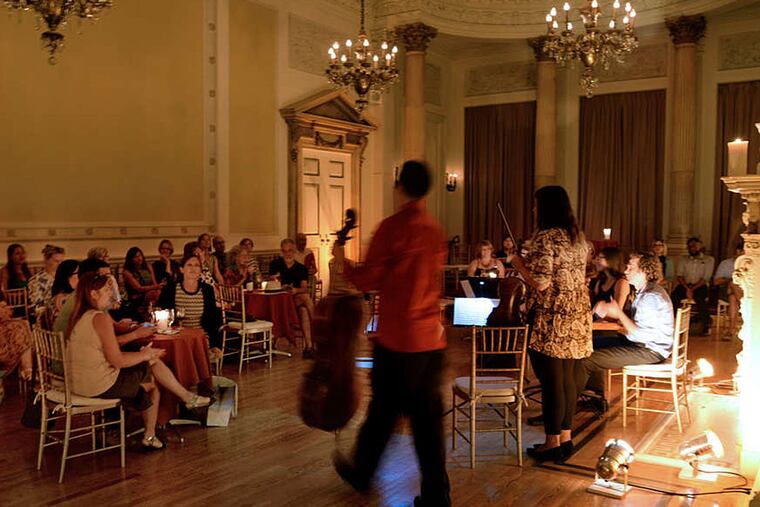 A chamber quintet sponsored by the local outreach organization Classical Revolution Philly prepares to perform September 9, 2015 at the Philopatrian Literary Institute's19th century mansion off Rittenhouse Square - the Stotesbury Mansion. ( TOM GRALISH / Staff Photographer )
