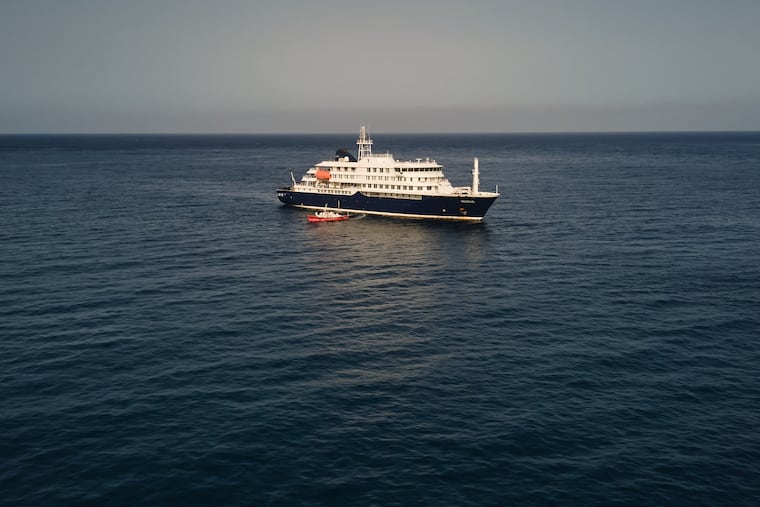 An aerial view of the MV Hondius Dutch cruise ship anchored in the Atlantic off Cape Verde, Tuesday, May 5, 2026.