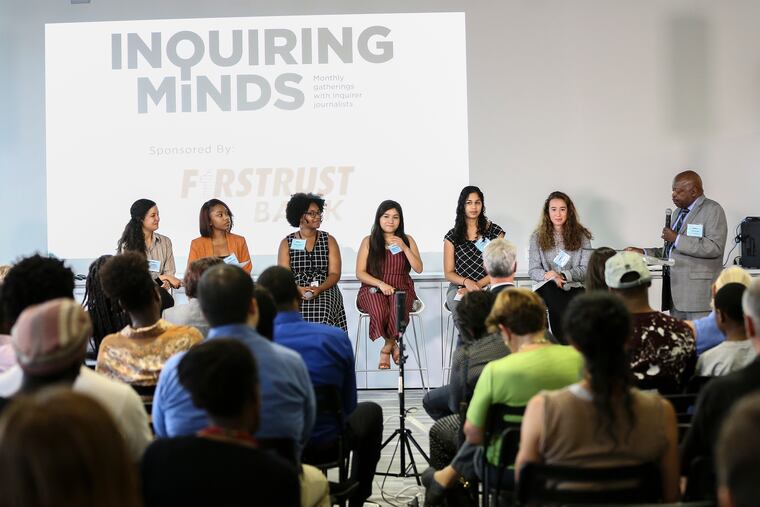 Moderating is Michael Days (right), Inquirer Vice President of Diversity and Inclusion, with the Lenfest Fellows - (from left) Jesenia De Moya Correa, DeArbea Walker, TyLisa Johnson, Kristen Balderas, Aneri Pattani and Heather Khalifa - at an Inquiring Minds event on Tuesday.