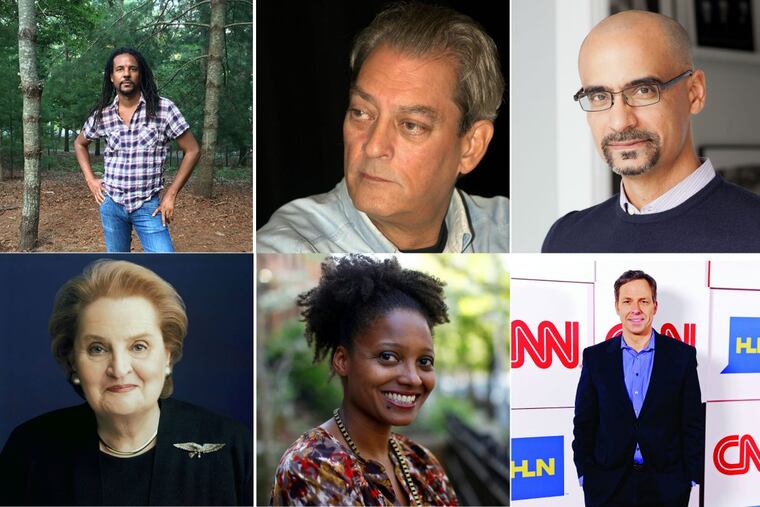 Authors coming to the Philly area in spring 2018 include (clockwise from left): Colson Whitehead, Paul Auster, Junot Diaz, Jake Tapper, Tracy K. Smith, and Madeleine Albright.