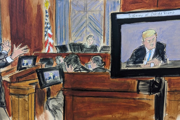 In this courtroom sketch, Donald Trump's defense attorney Joe Tacopina, far left, presents his closing arguments to the jury with the video deposition of Trump showing, far right, in Manhattan federal court.
